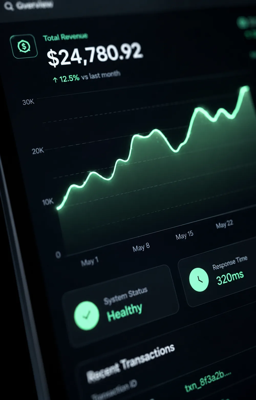Korryx mobile app showing live revenue and system status